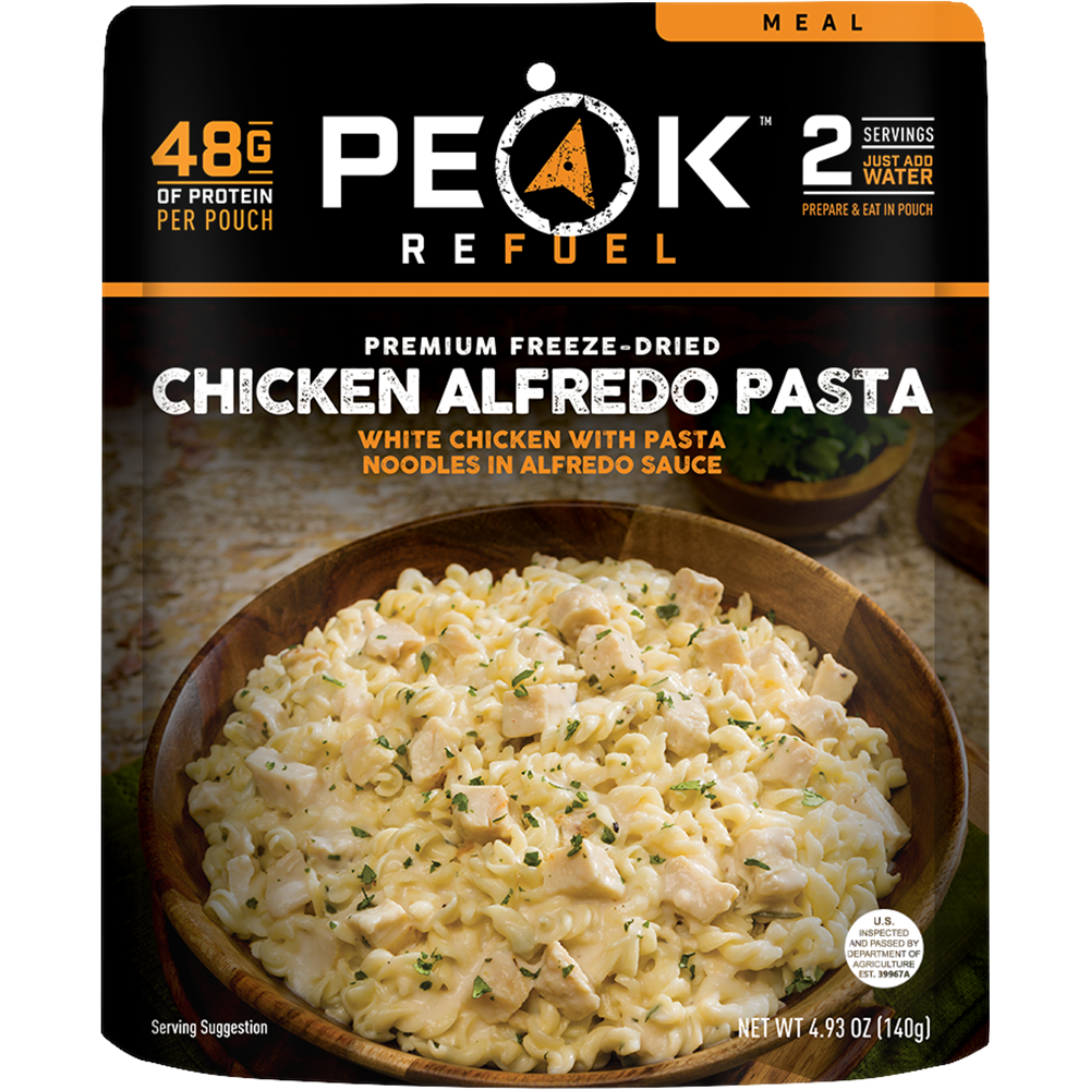 Peak Refuel Chicken Alfredo Pasta freeze dried camping meal high protein backpacking food