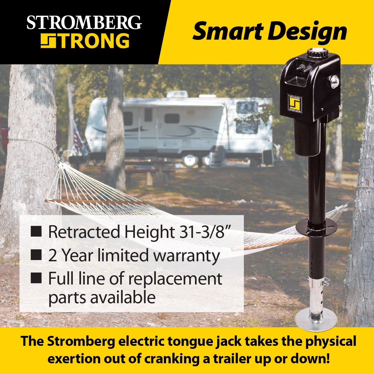 Integrated leveling feature on the 3500 lb capacity power jack for easy trailer adjustments.