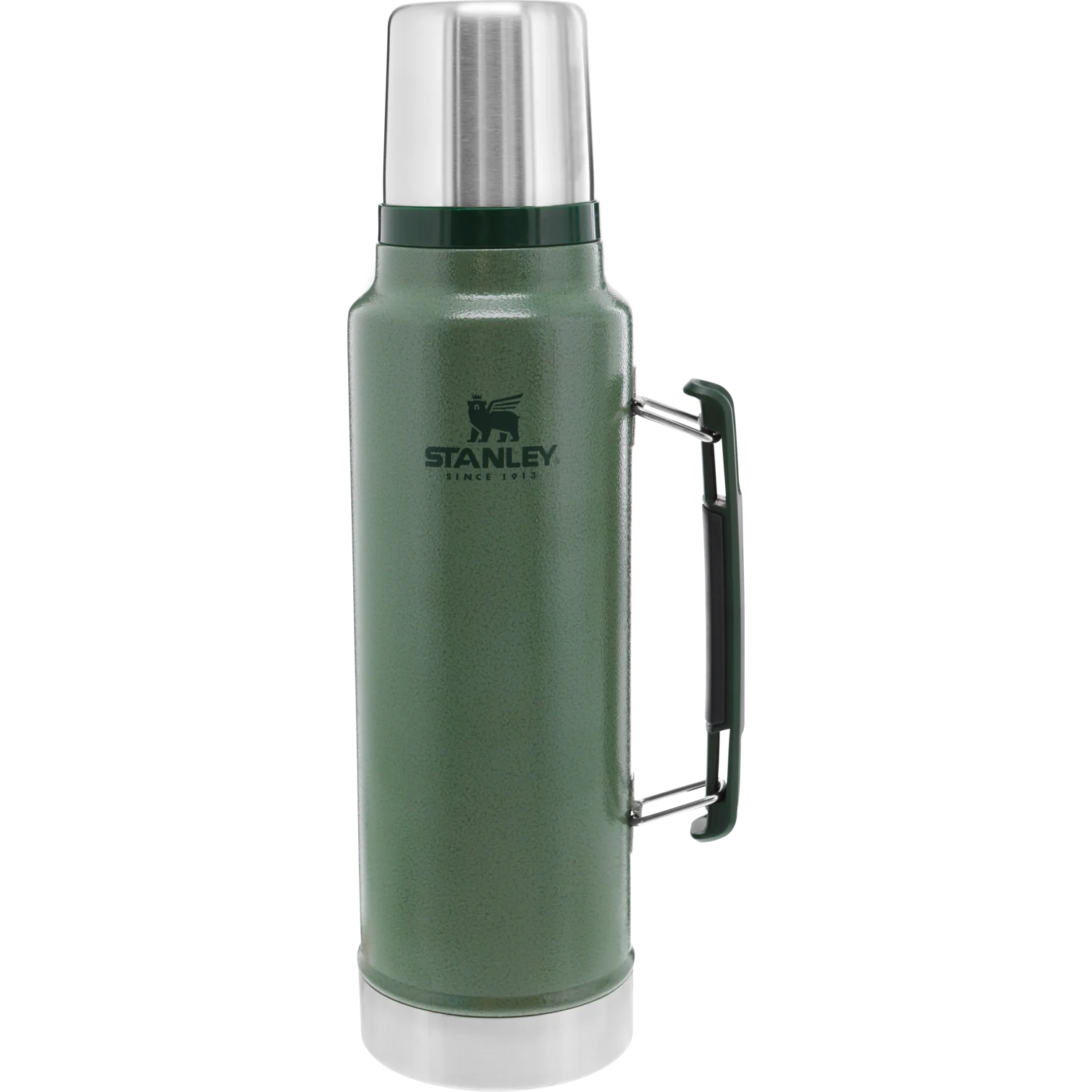 Durable stainless steel bottle in a classic design, set against a picturesque campsite backdrop. The bottle features a collapsible handle and insulated lid that doubles as a cup