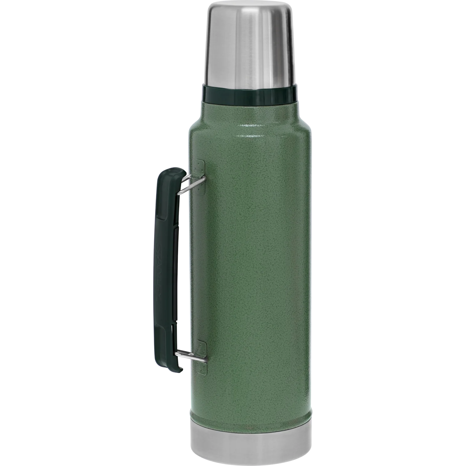 Close-up of the double-wall vacuum insulation and twist-and-pour stopper on a rugged stainless steel bottle, showcasing its leakproof design.