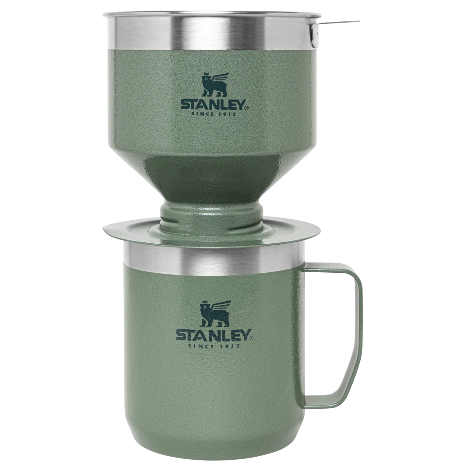 Stainless-steel coffee maker set with a pour-over filter and matching Camp Mug with lid, designed for sustainable coffee brewing.