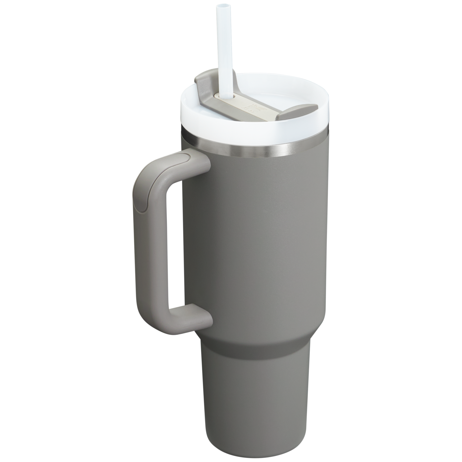 Gray insulated tumbler with a handle and straw on a white background