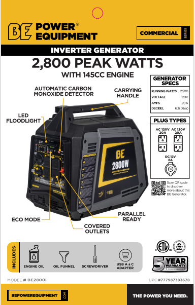 BE Power 2,800 Watt Digital Inverter Generator | 5 yr Engine Warranty | Only 45 lbs can run A/C