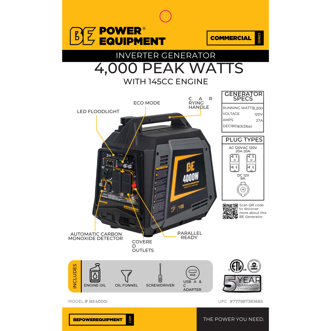 BE Power 4,000 Watt Quiet Digital Inverter Generator with 5 yr warranty weighs 49 lbs.
