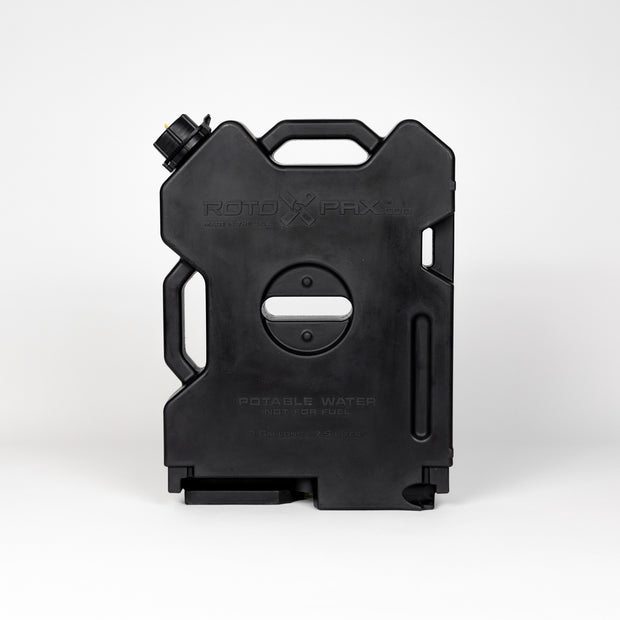 Black water container with 'Roto Pak' branding on a white background