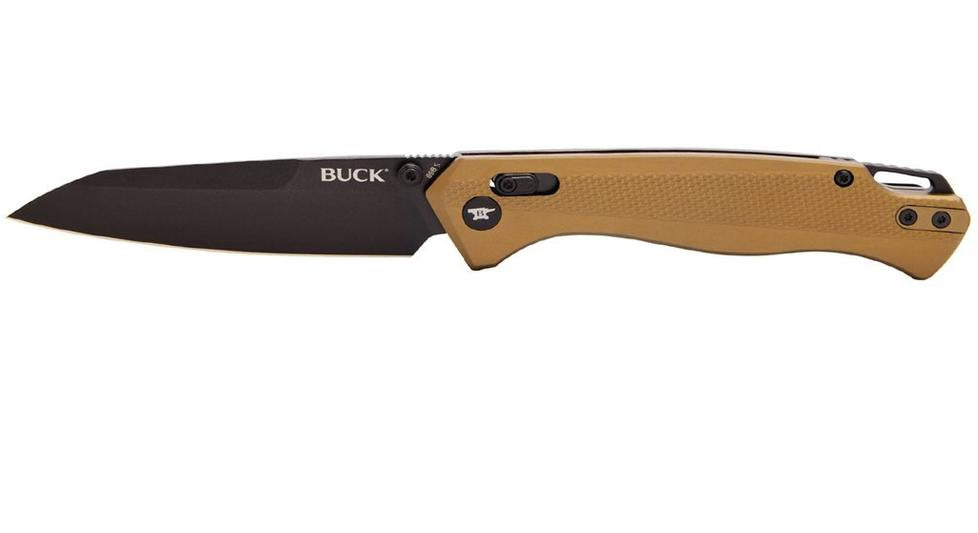 Folding knife with brown handle and black blade on a white background, featuring the Buck brand.