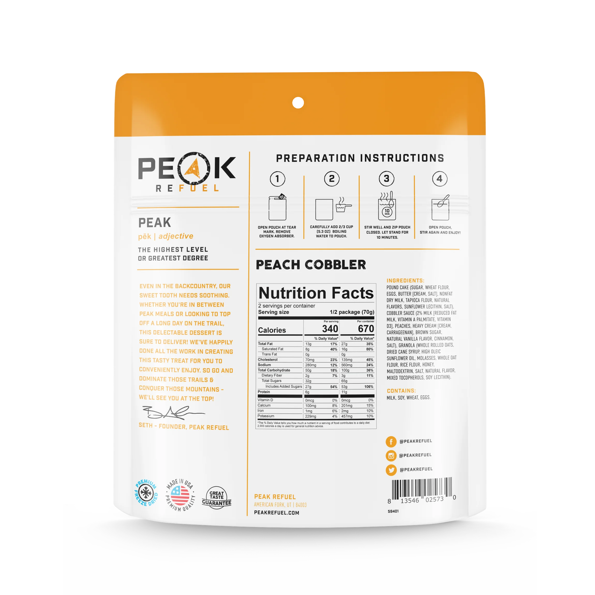 Freeze dried peach cobbler backpacking dessert by Peak Refuel