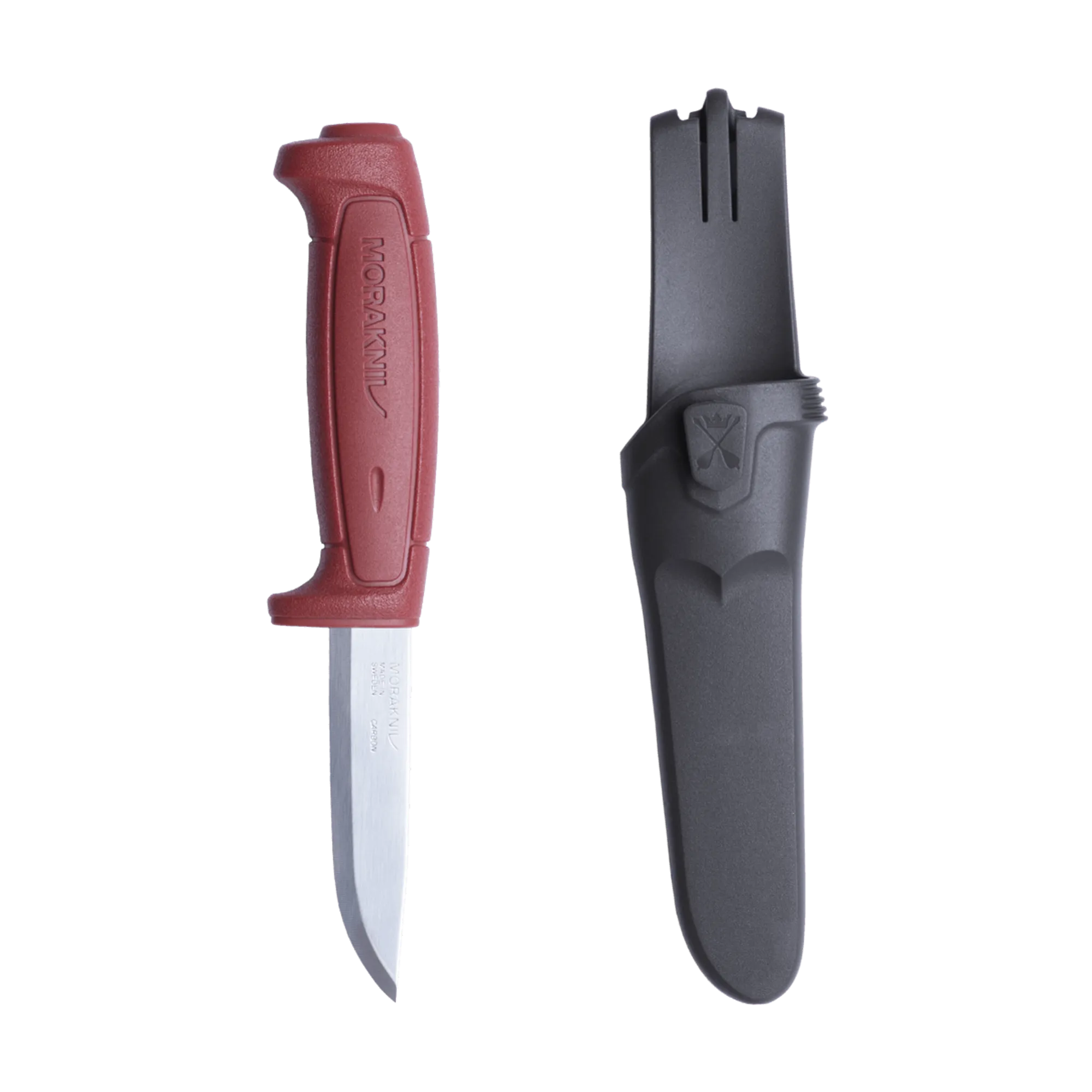 Morakniv Basic 511 craft knife with carbon steel blade and ergonomic red handle for construction and outdoor use