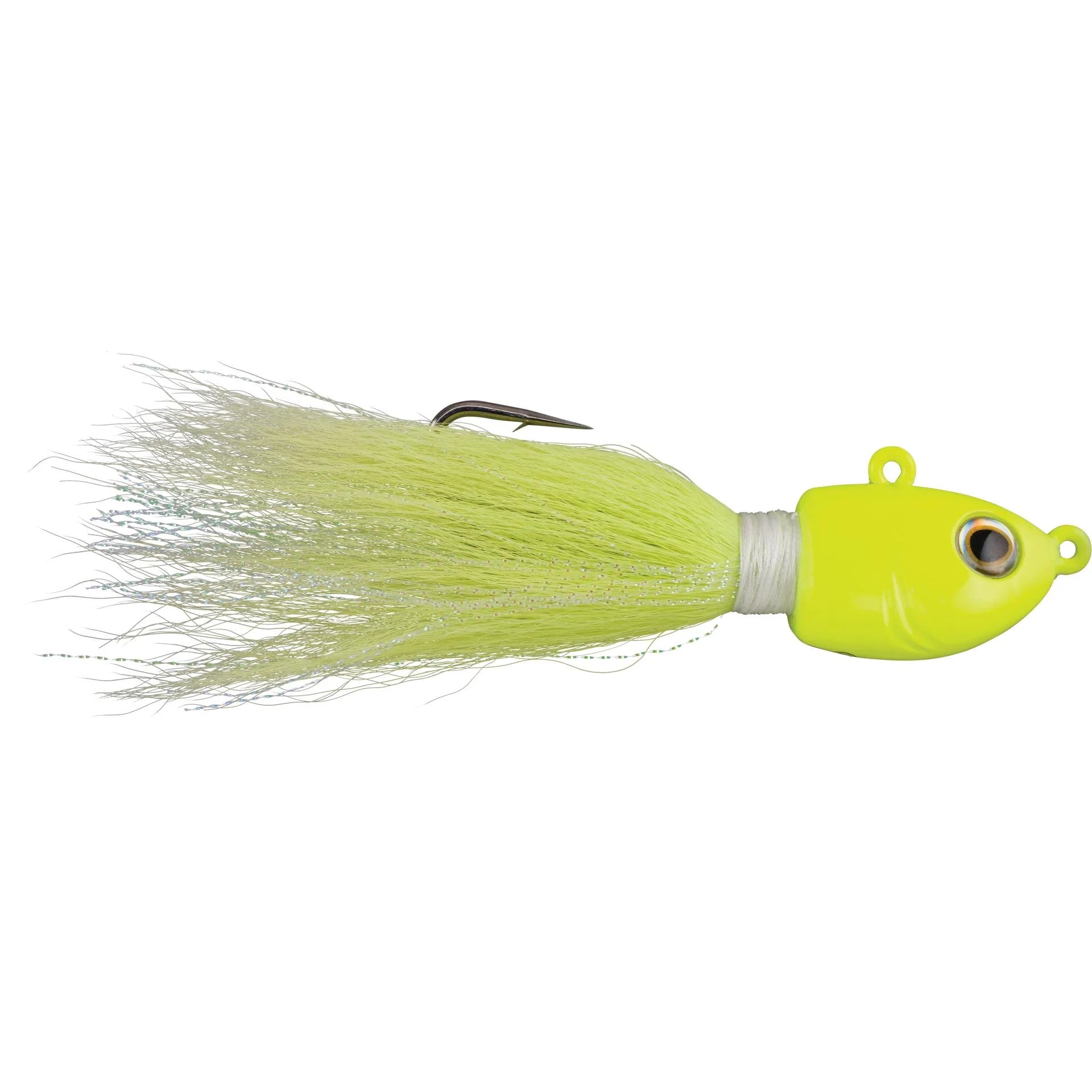 Close-up of Berkley Fusion19 Bucktail Jig with a sharp Fusion19 hook, secured thread wraps, and bait keeper for soft plastics