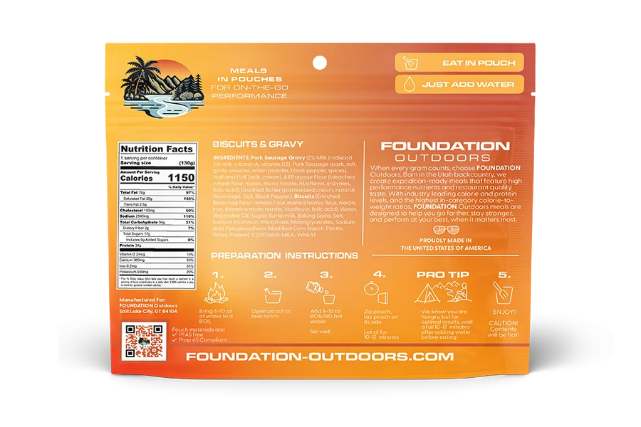 Freeze-dried biscuits with seasoned sausage gravy by FOUNDATION Outdoors