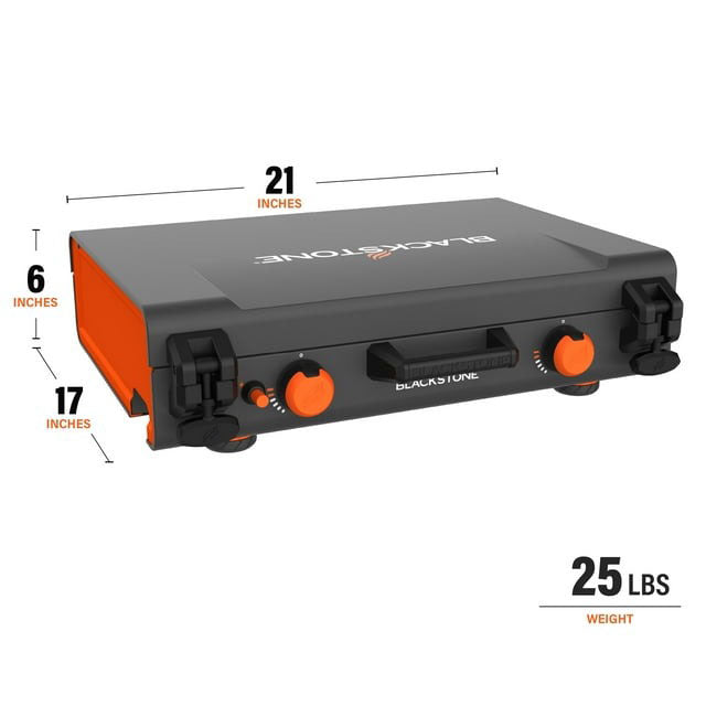 Camping setup with the Blackstone griddle cooking breakfast on the 280 sq. in. griddle surface while a pot of soup heats on the side burner.
