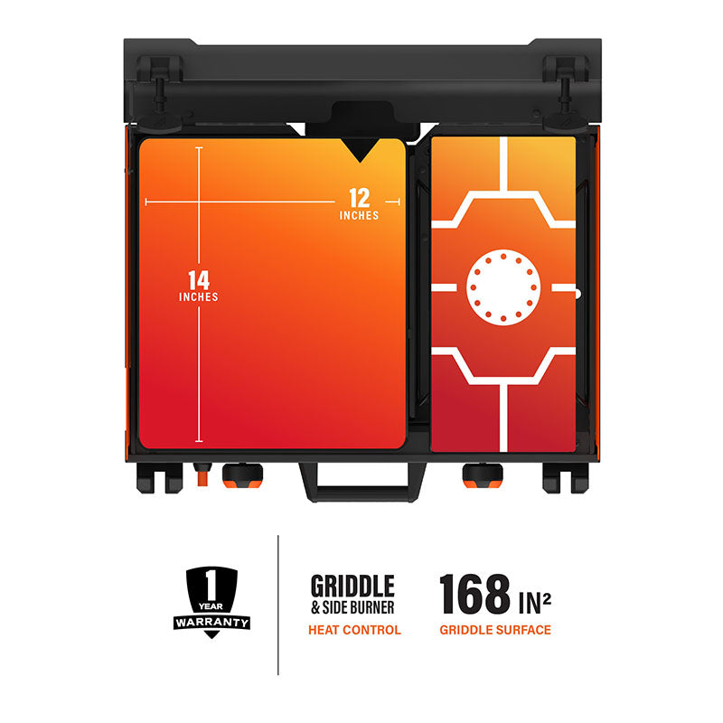 The Blackstone Adventure Ready camping griddle folded into a compact briefcase-like design, complete with a carry handle, protective cover, and secure t-latches for easy transportation