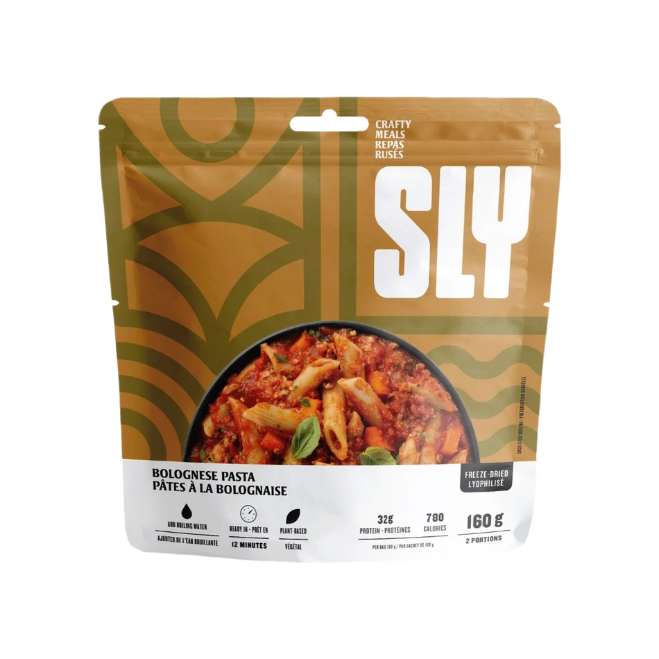 SLY Bolognese freeze-dried meal with penne pasta and plant-based protein