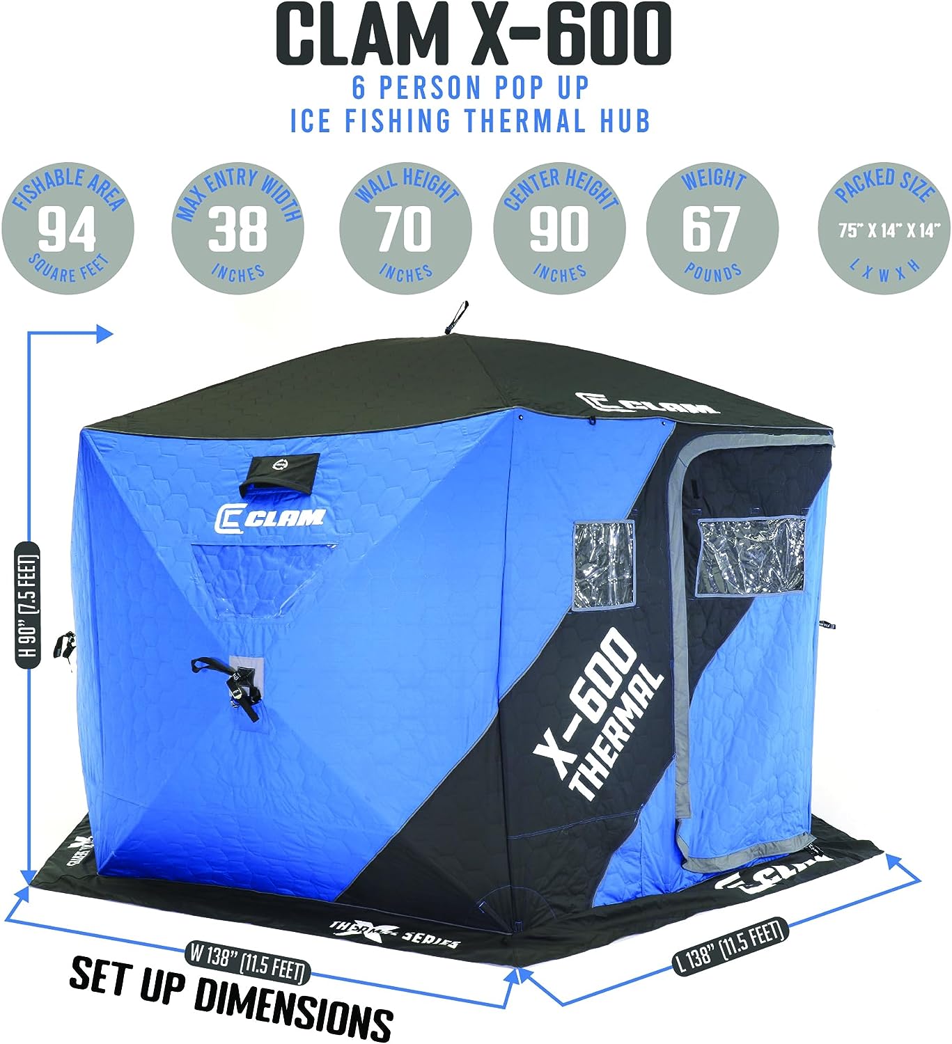 CLAM X-600 Portable 11.5 Ft 6 Person Pop Up Ice Fishing Thermal Hub Shelter Tent-117481