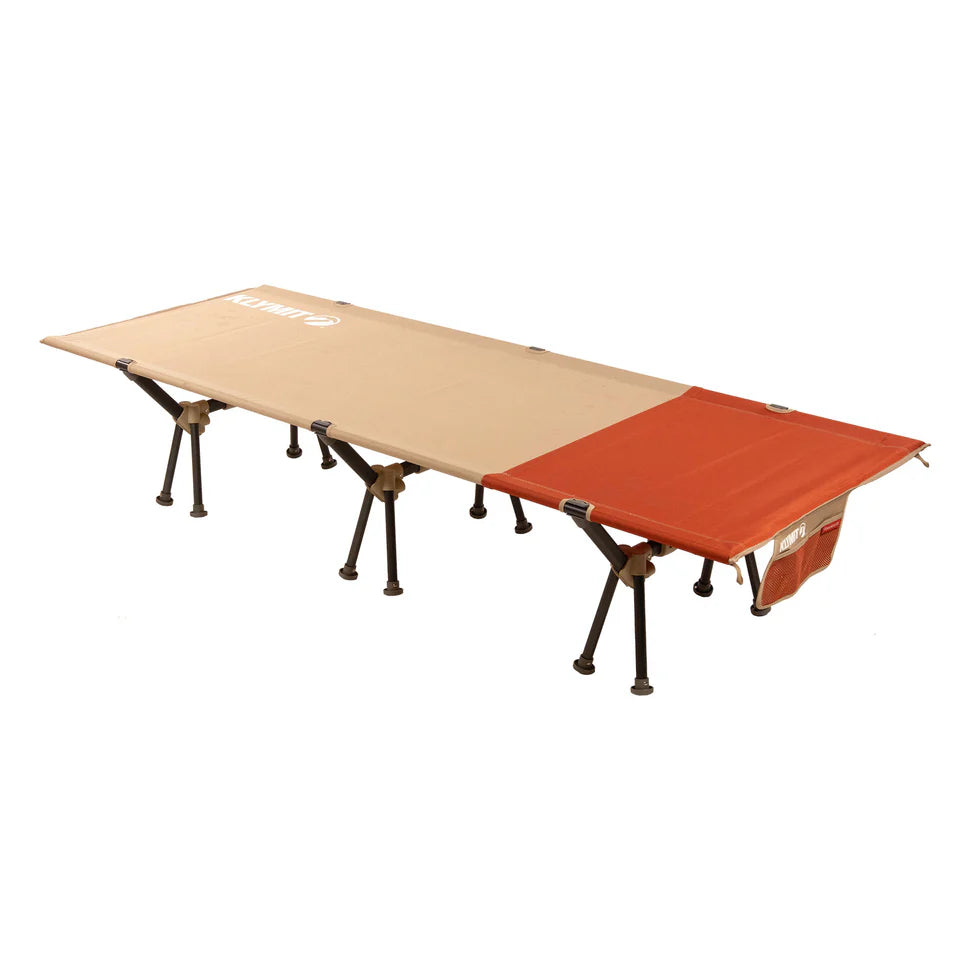 A durable camping cot with an aluminum trapezoid structure and polyester ripstop fabric.