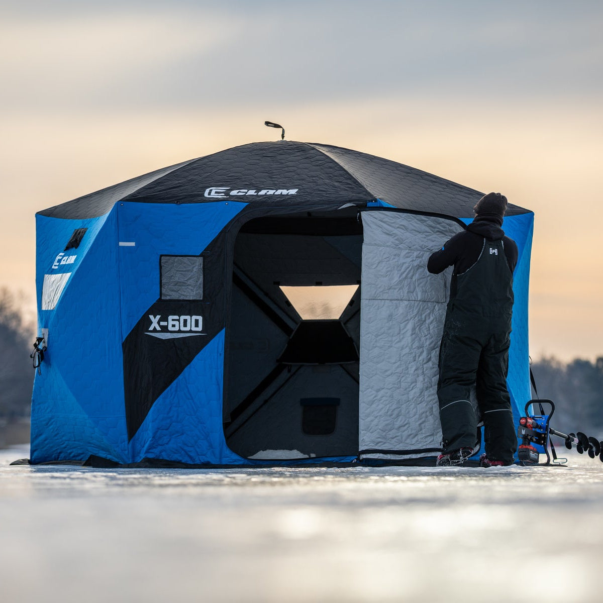Clam X-600 ice shelter with oversized snow skirt