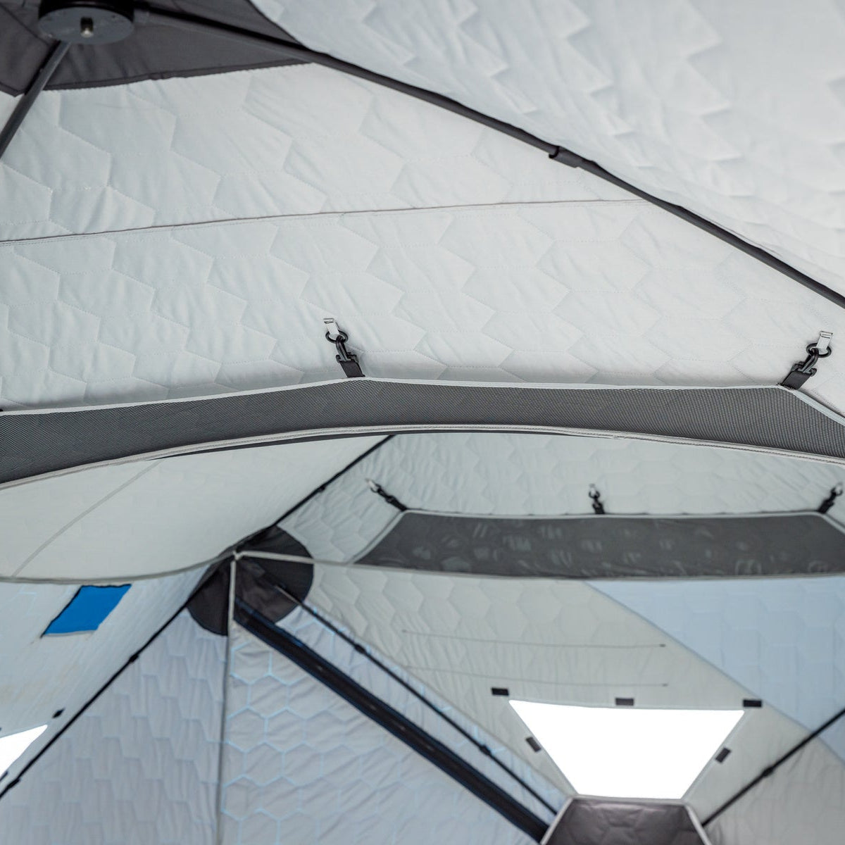 Clam X-800 ice fishing shelter with Extreme Ice Anchors and tie downs