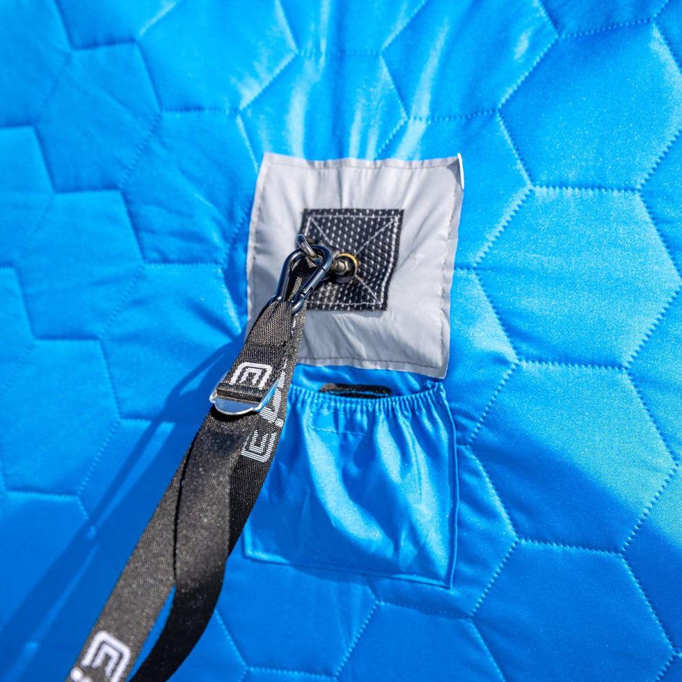 Clam X-400 ice fishing shelter with Extreme Ice Anchors and tie downs