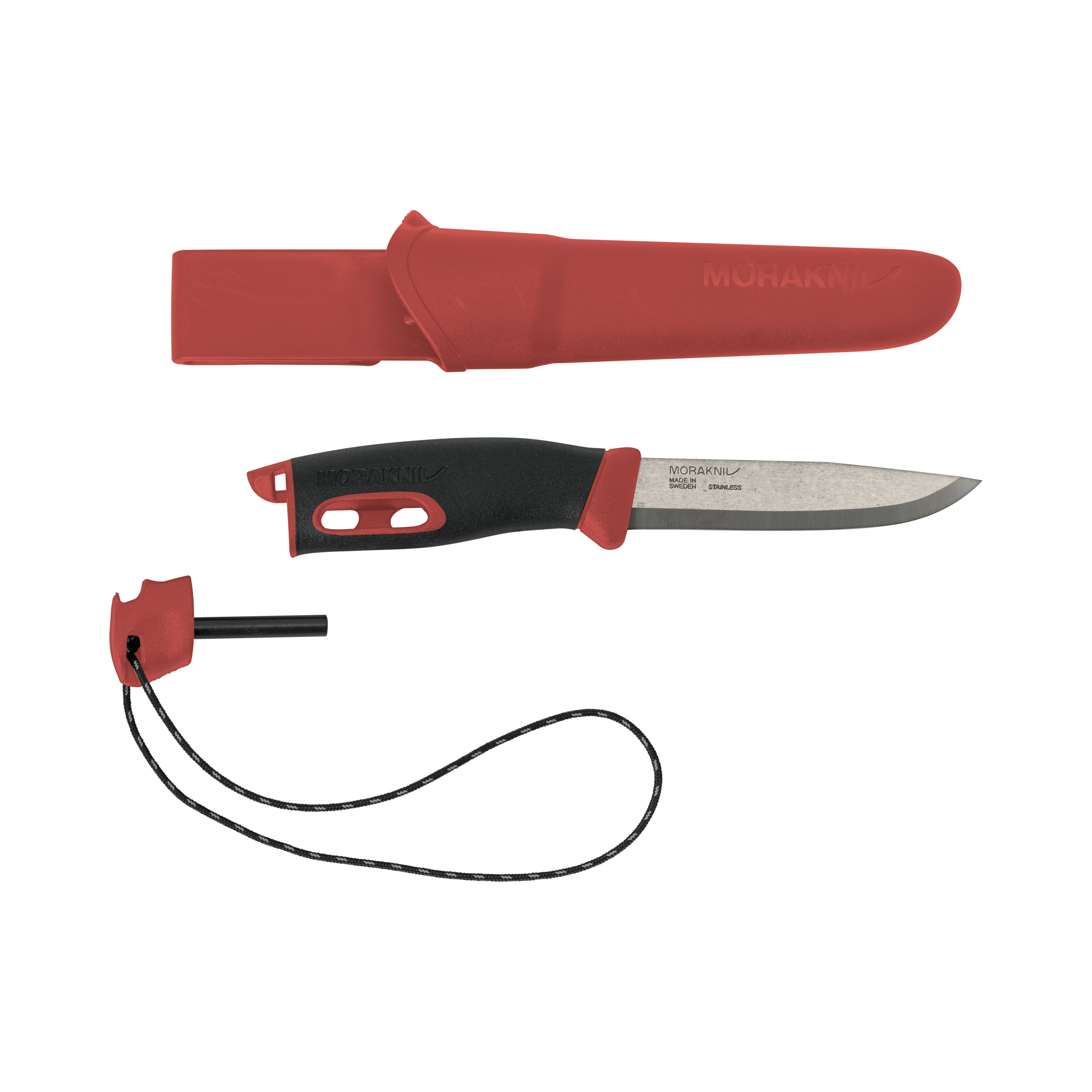 Morakniv Companion outdoor knife with 104mm Swedish stainless steel blade, ergonomic TPE-rubber handle, and integrated fire starter for camping