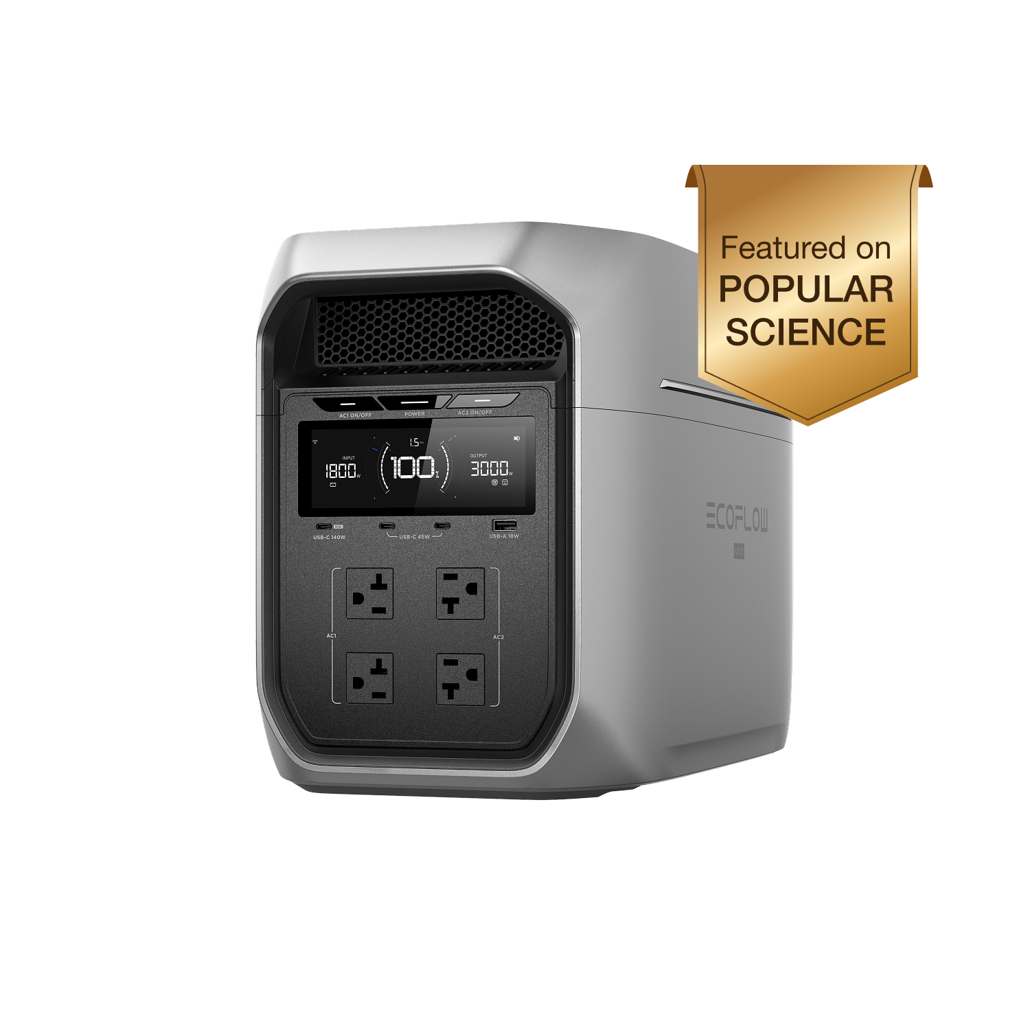 EcoFlow DELTA 3 Max Plus portable power station with 2048Wh battery capacity and 3000W pure sine wave AC output.