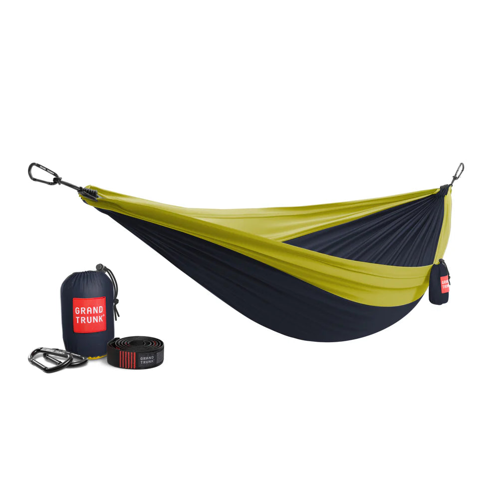 All-in-one hammock kit with straps, carabiners, and compact carrying sack