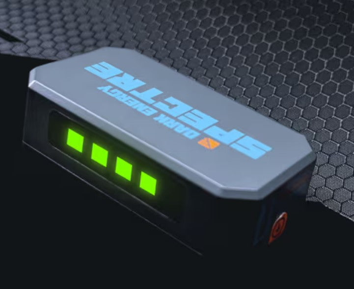 The Spectre 8W solar panel in use outdoors, showcasing its built-in sun intensity meter that helps optimize placement for maximum solar charging efficiency.