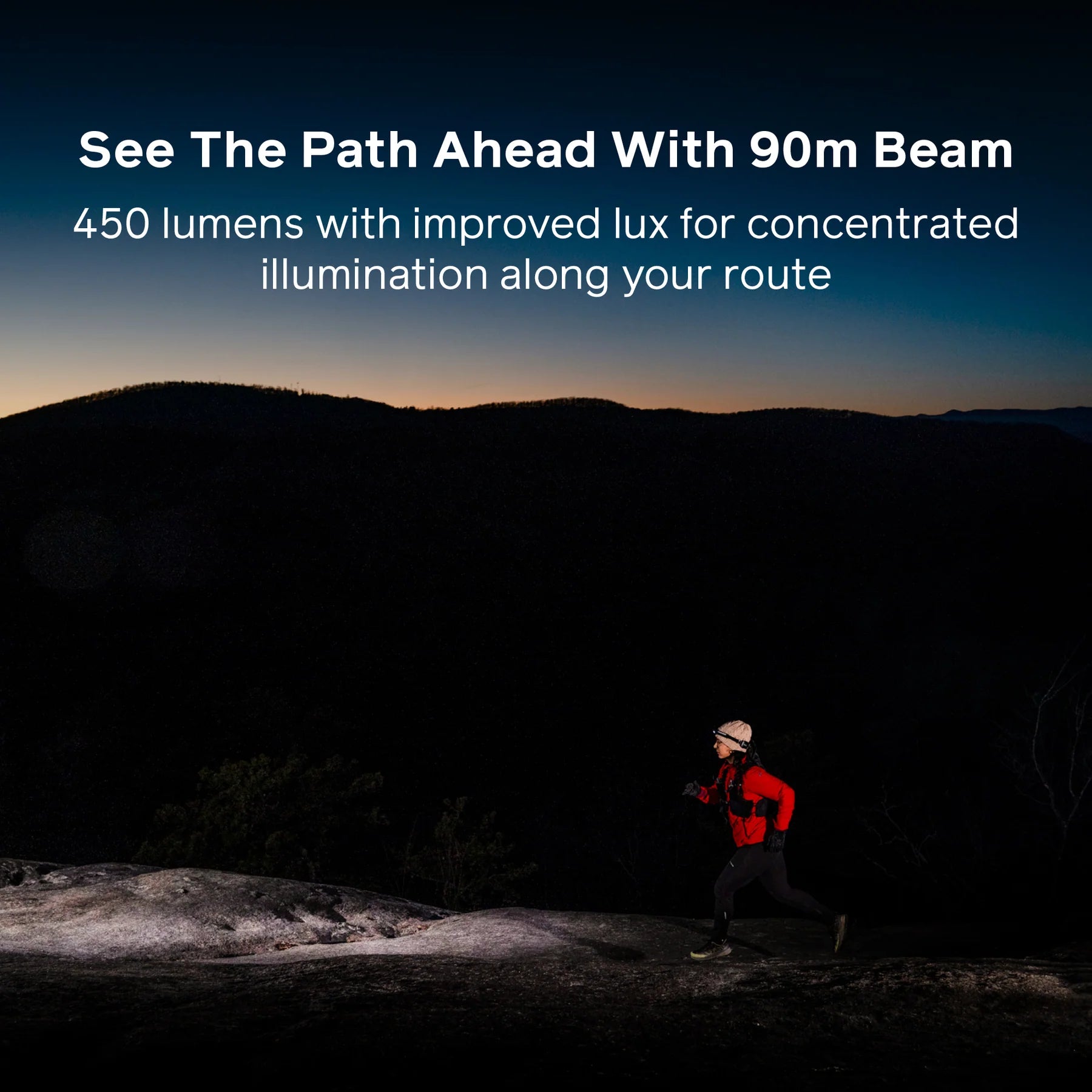 Close-up of the headlamp’s adjustable strap with reflective printing for enhanced visibility in low light.