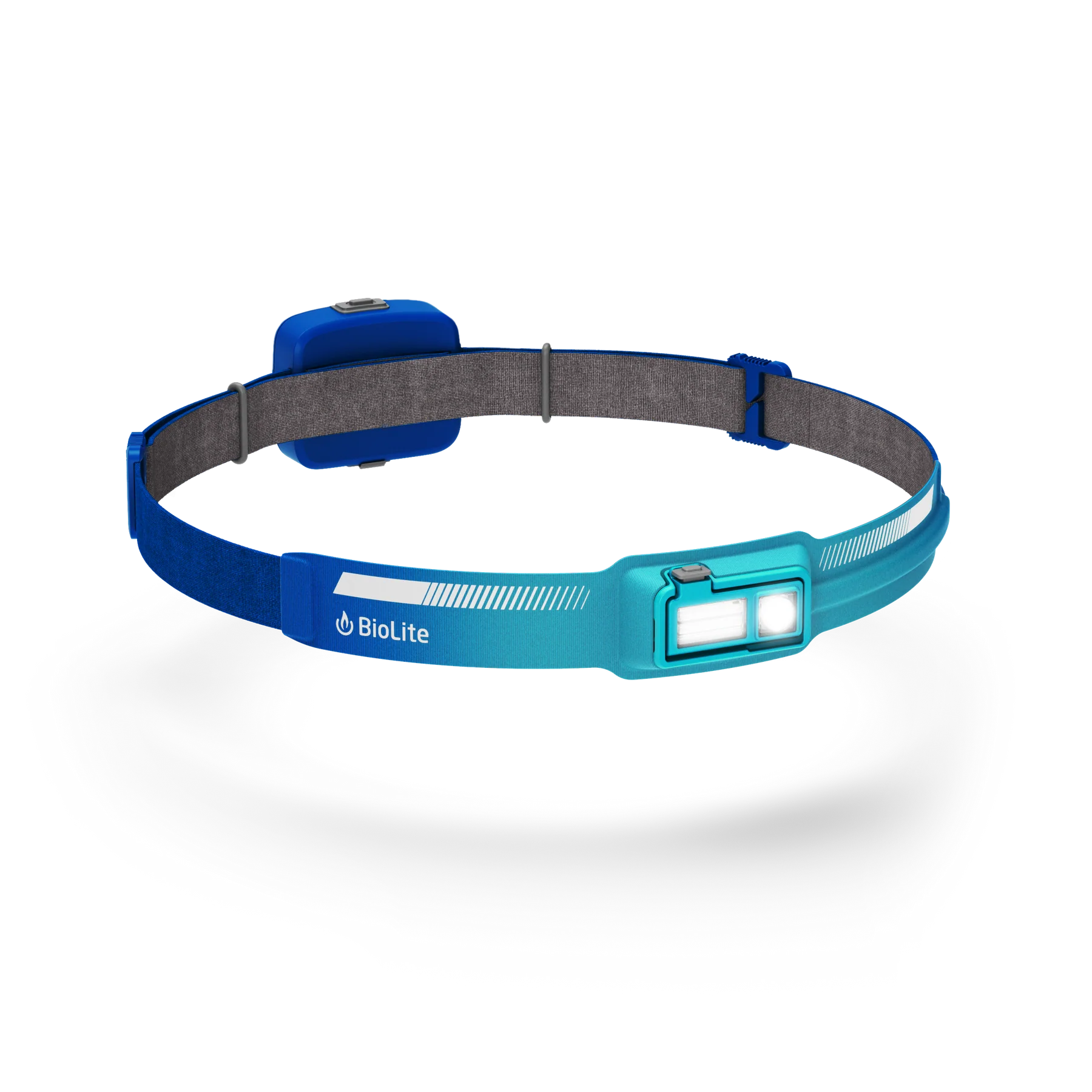 A sleek, black headlamp with a slim front profile, featuring a bright LED light and moisture-wicking fabric band.