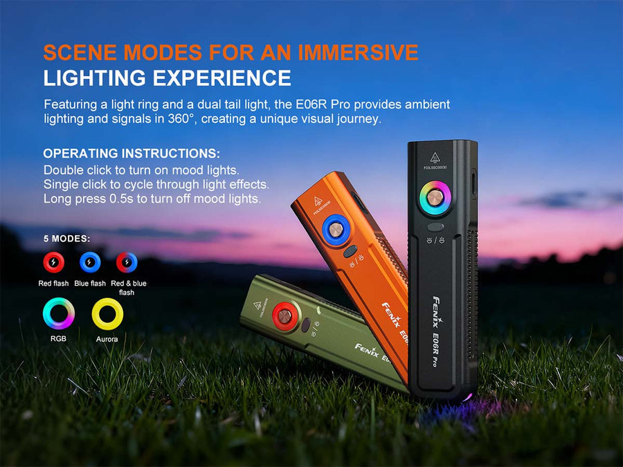 Three light devices on grass with a scenic background, featuring text about scene modes and immersive lighting experience.