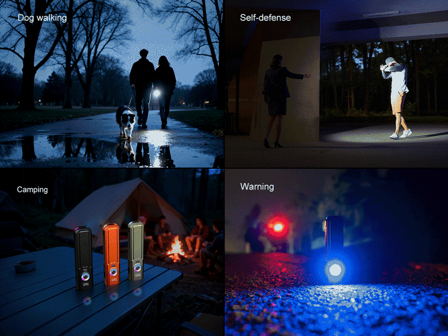 Flat flashlight next to keychain and belt clip accessory