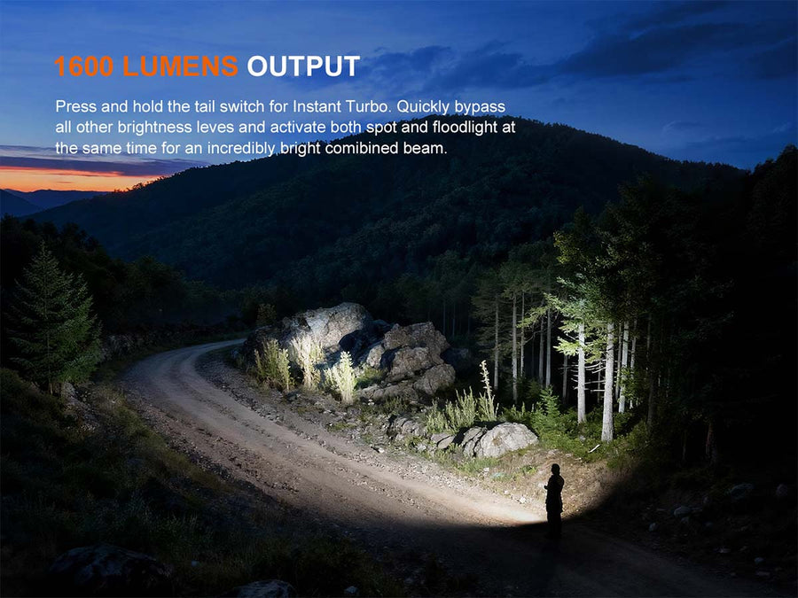 Fenix E06R PRO floodlight beam pattern illuminating ground surface