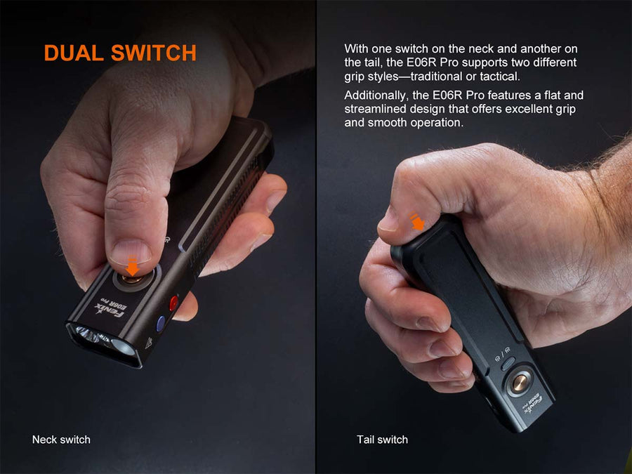 Fenix E06R PRO flashlight showing UV light mode in use