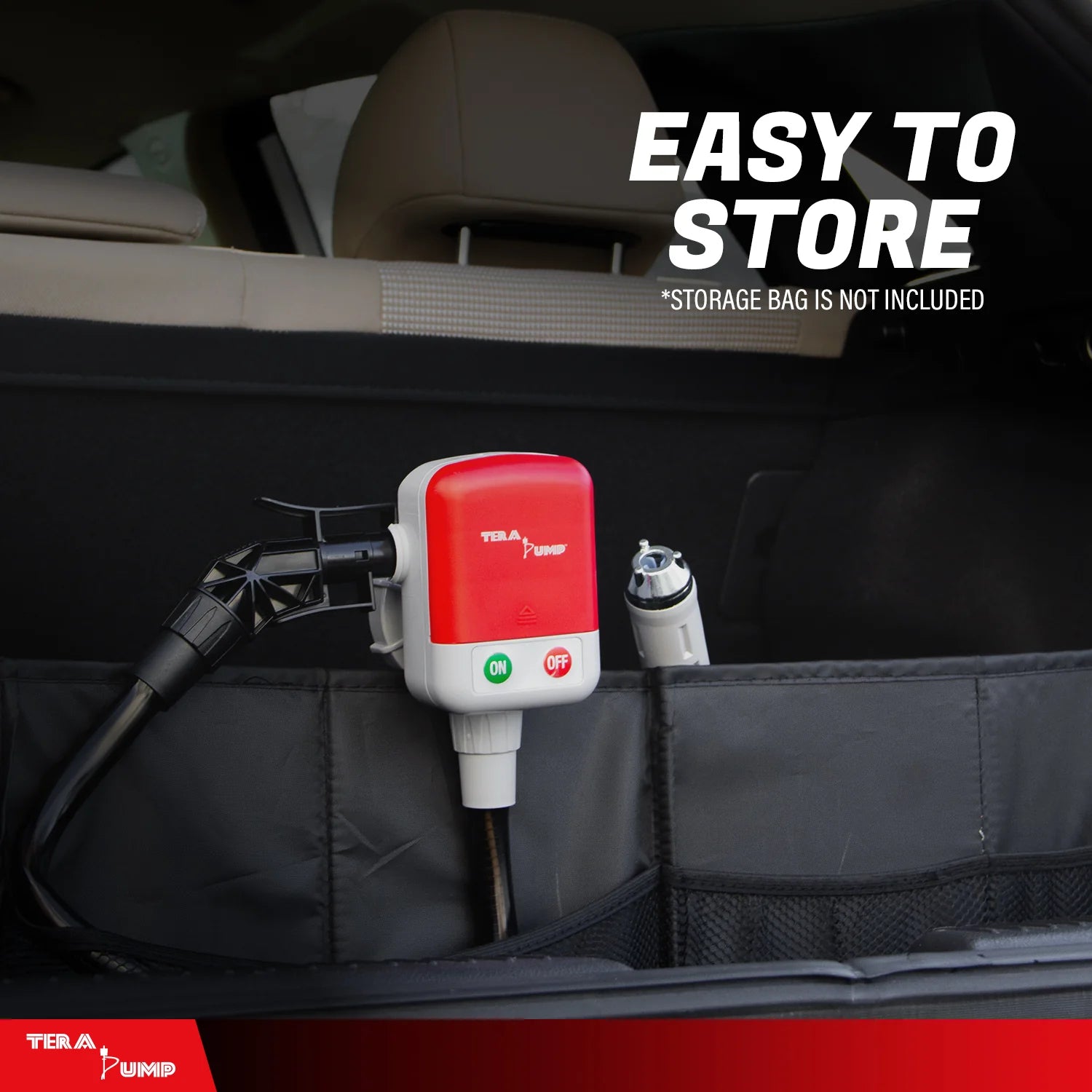 Car-mounted device with red and white design in a car's storage compartment, labeled 'Easy to Store'.