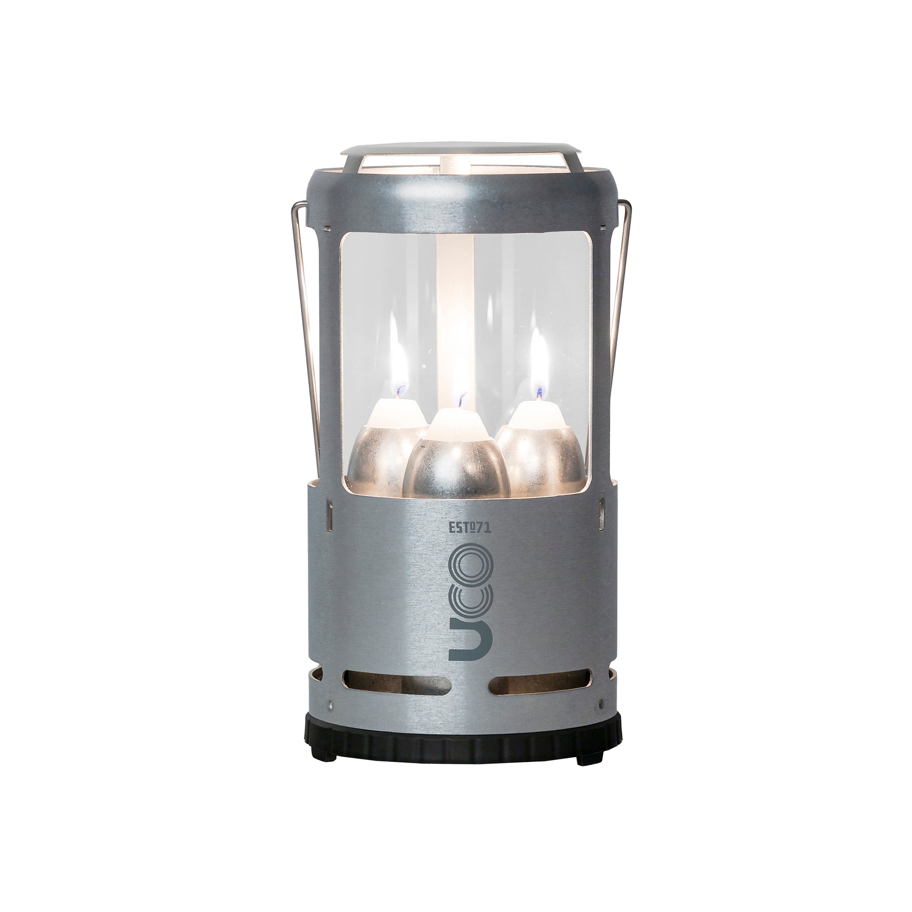 UCO Candlelier Candle Lantern in lightweight aluminum with three candles, featuring a twist-lock base and carrying handle.