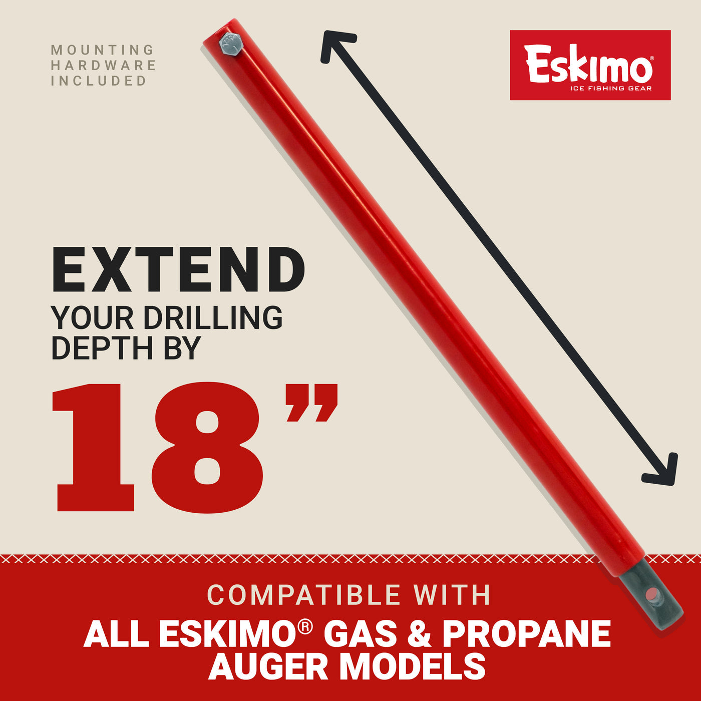 "Image of the Eskimo power auger extension package with mounting hardware included for easy assembly."