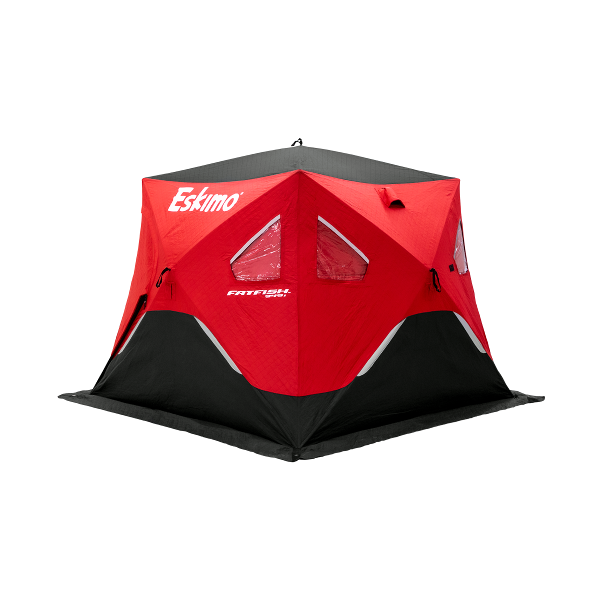 "The FatFish 949i ice fishing shelter, featuring a wide-bottom design for enhanced fishable area, made with insulated IQ™ fabric to provide warmth and comfort during fishing trips