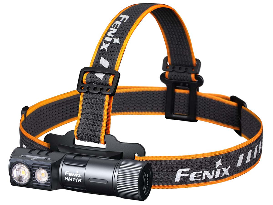 The Fenix HM71R Rechargeable Headlamp, a compact and durable headlamp, with a sleek black design, large glove-friendly switch, and adjustable elastic headband.