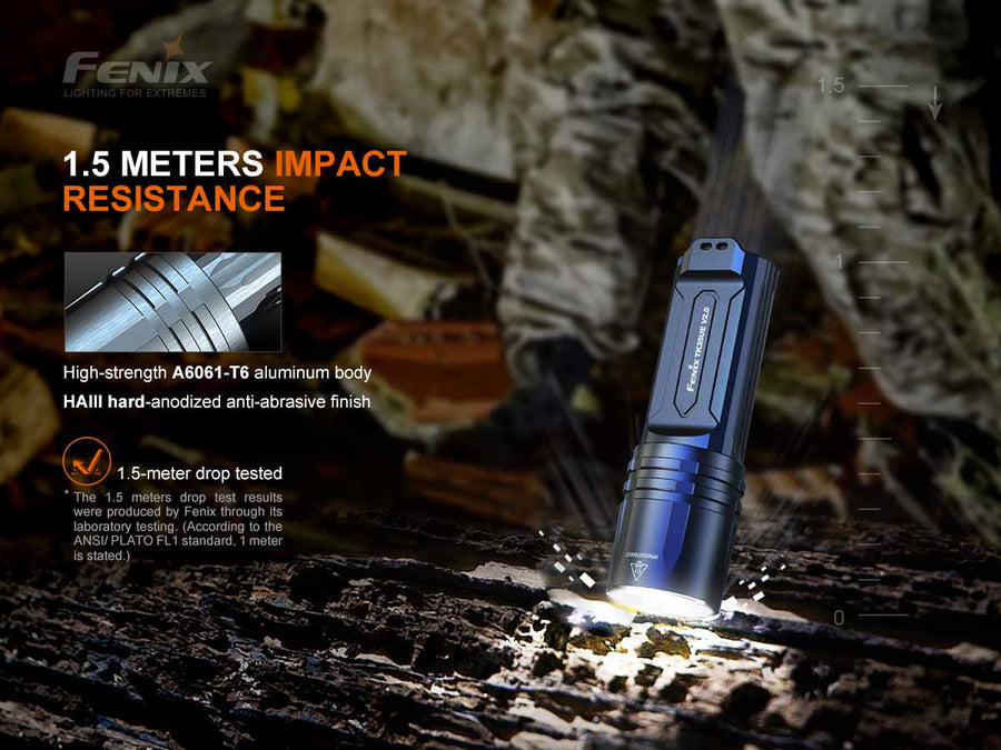Fenix flashlight with impact resistance text and details on a dark background