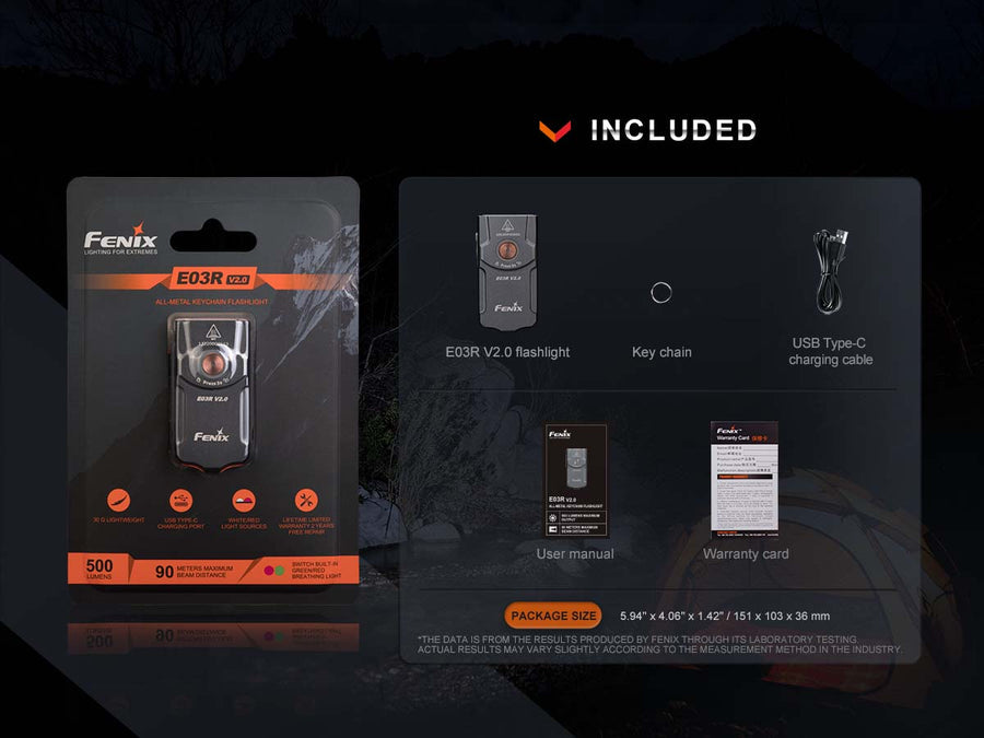 Fenix flashlight packaging with included items displayed on a dark background