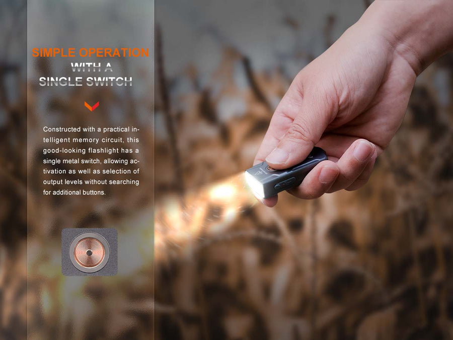 Side profile of Fenix E03R V2.0 all-metal keychain flashlight