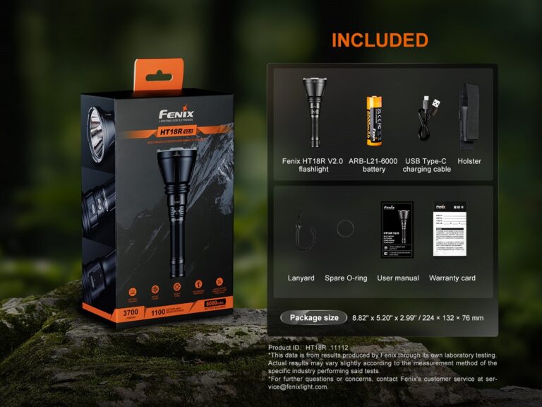 Fenix flashlight packaging with included items displayed on a dark background