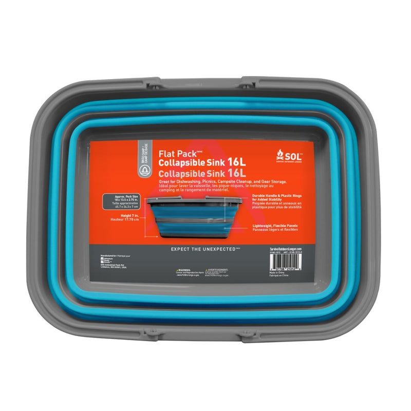 Flat Pack Sink 16L fully opened to 18 x 13.5 x 7 inches, ideal for campsite meal prep and cleaning.