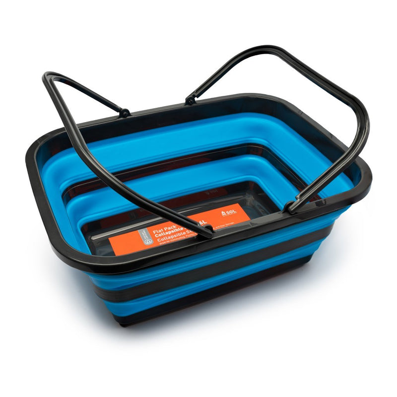 Flat Pack Sink 16L collapsed to store compactly, measuring 18 x 13.5 x 2.75 inches for easy storage.