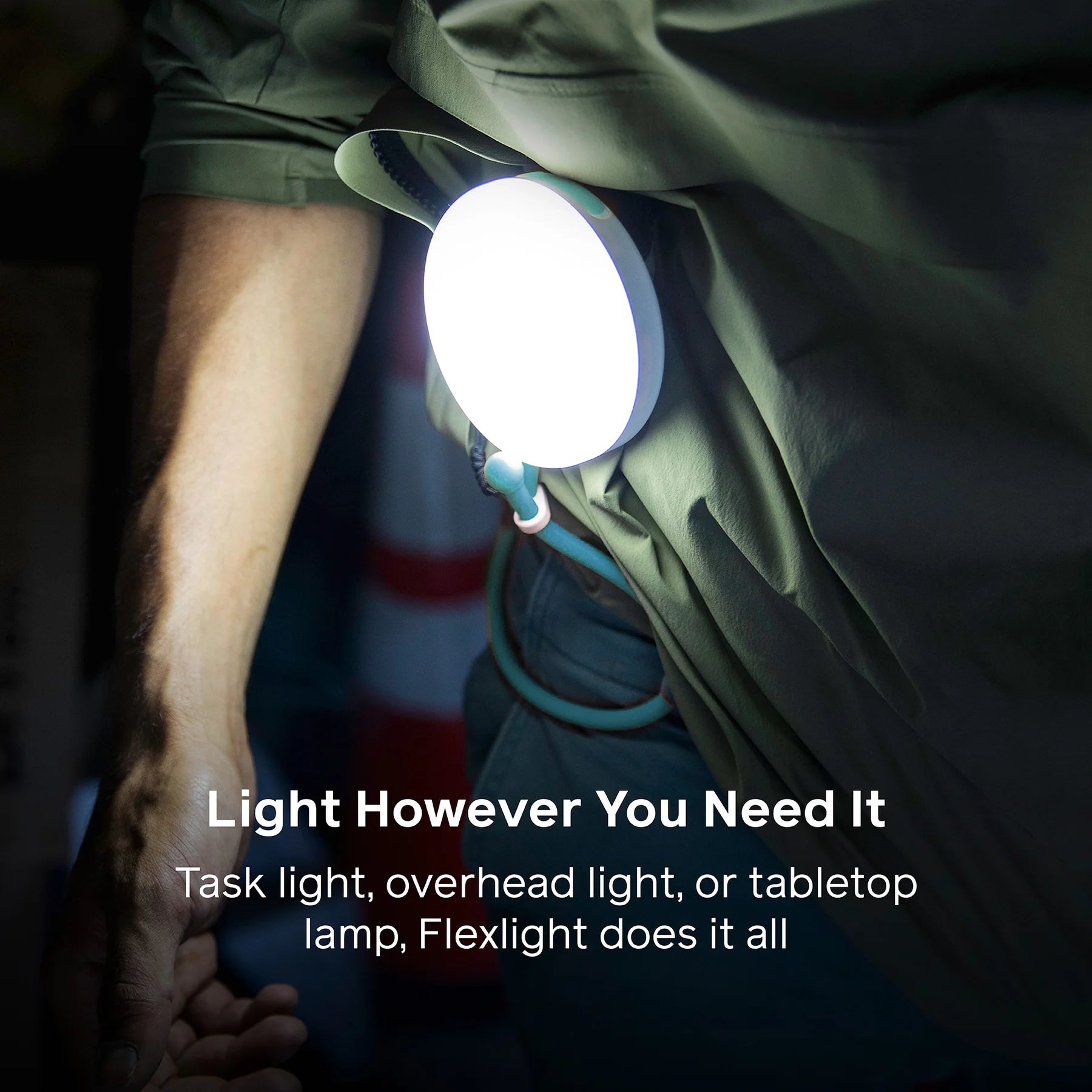 Portable light attached to a backpack with text 'Light However You Need It' and product description.