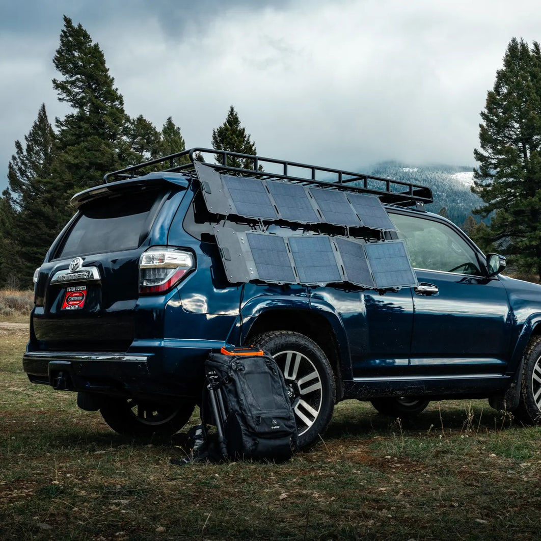 Spectre 56W solar panel unfolded with high-efficiency flexible cells and kickstand