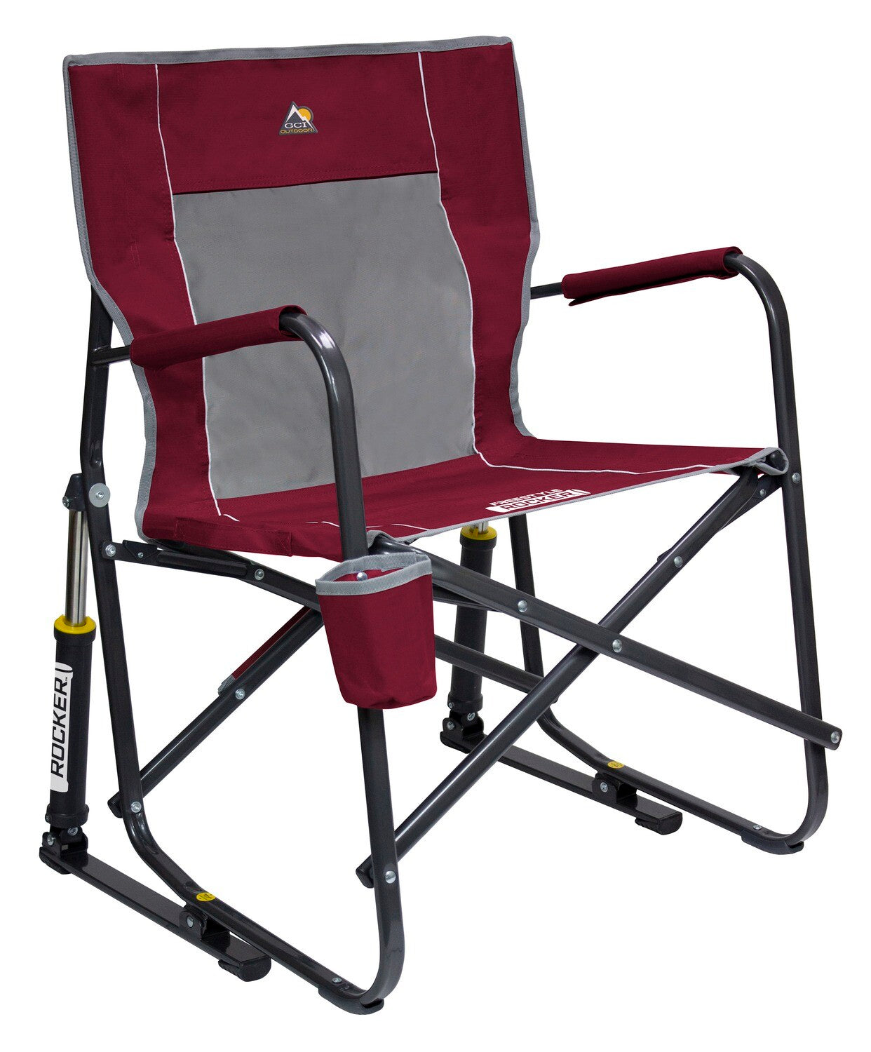 GCI Outdoor Freestyle Rocker™ chair in an open position, showcasing its sturdy frame and mesh backrest