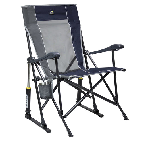 GCI Outdoor RoadTrip Rocker™ fully set up, featuring a full-size seat, padded armrests, and a breathable mesh backrest