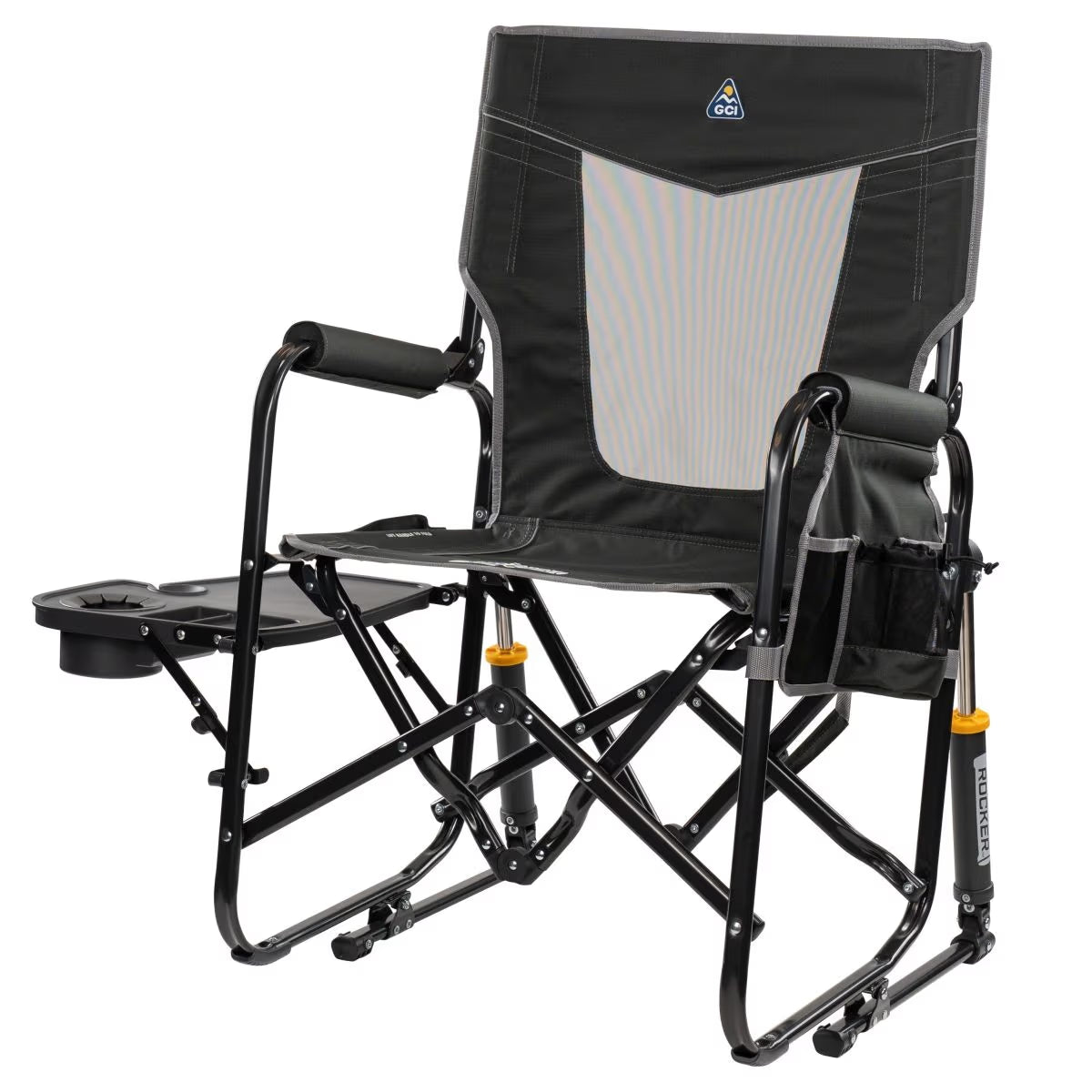Portable rocking camping chair with integrated beverage and phone holder