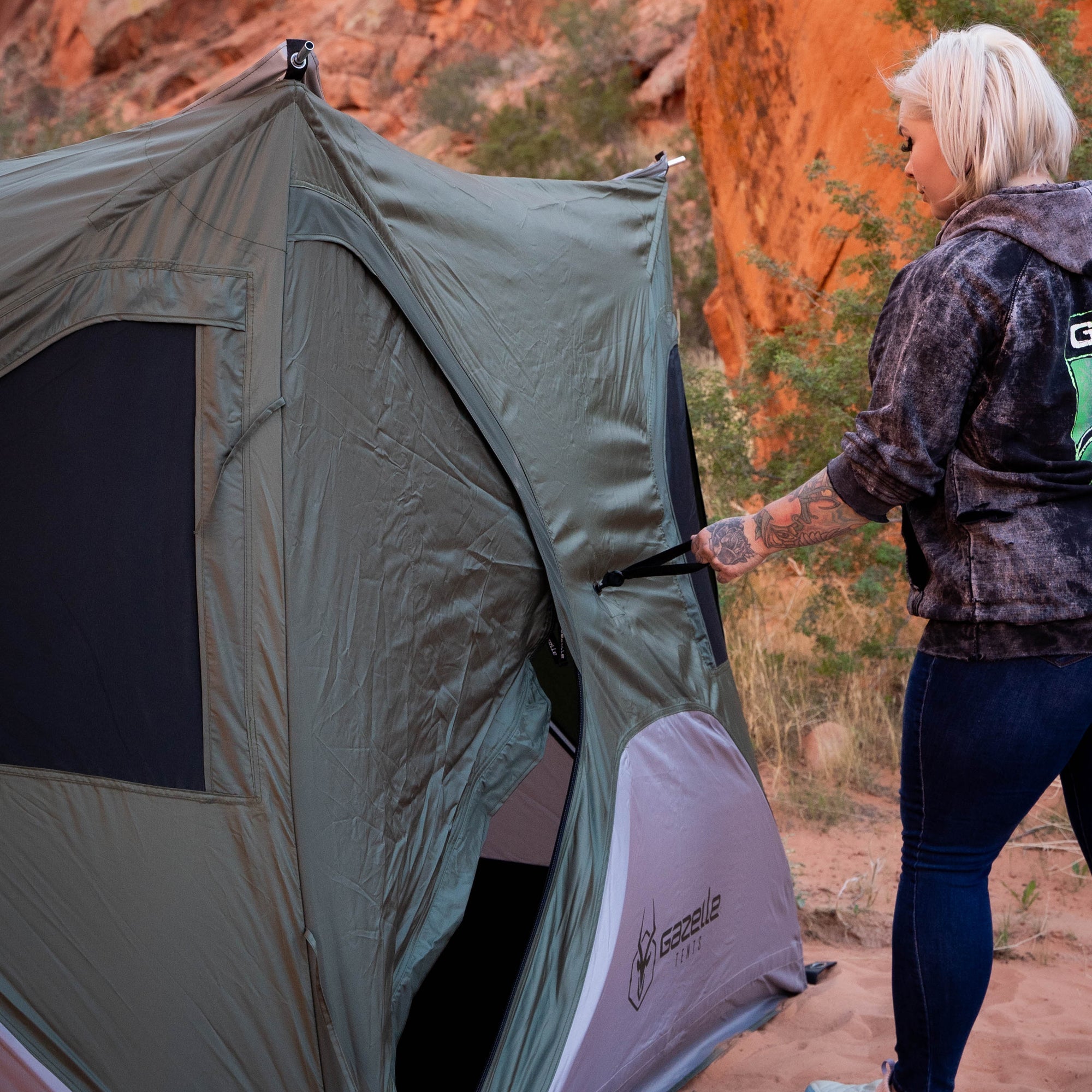 Gazelle T3X Hub Tent with removable rain fly for protection from elements or stargazing.