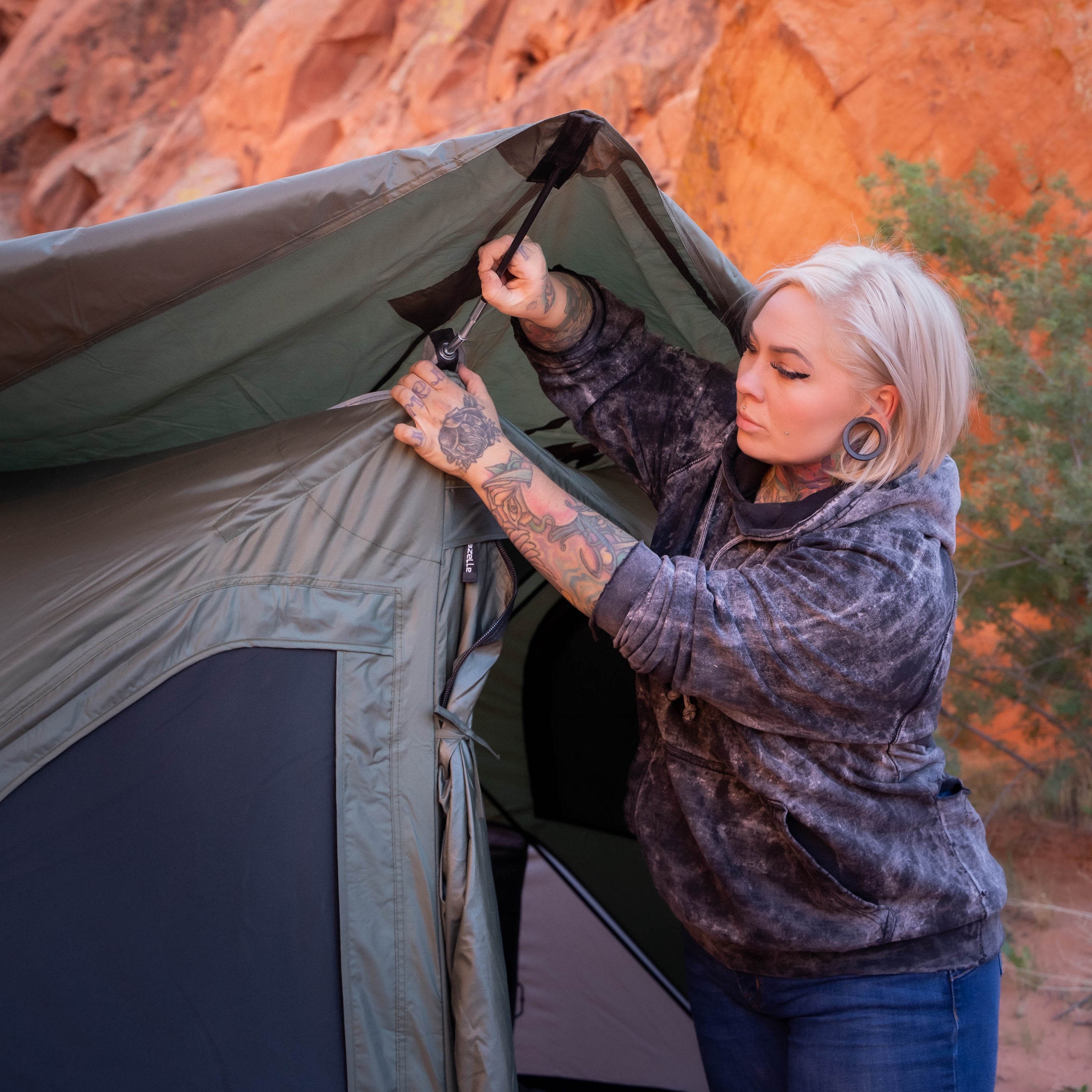 Two D-shaped doors of the Gazelle T3X Hub Tent with durable YKK zippers and mesh screens.